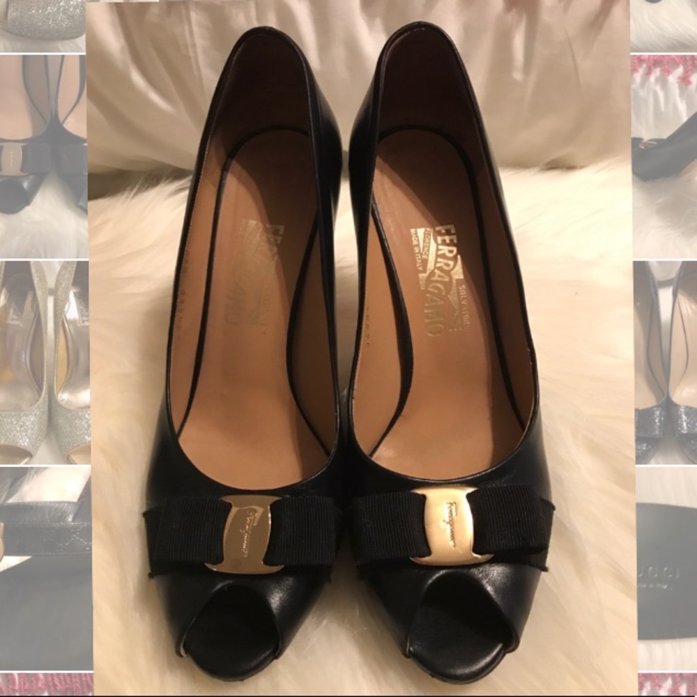 Ferragamo black peep toe platform pumps